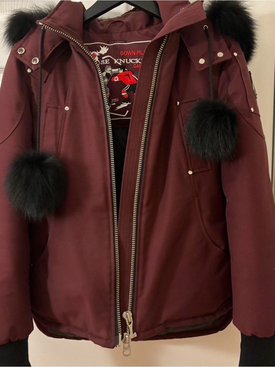 Moose Knuckles Jackets & Blazers - Moose Knuckles Burgundy Puffer Jacket with Black Fur Pom-Poms
